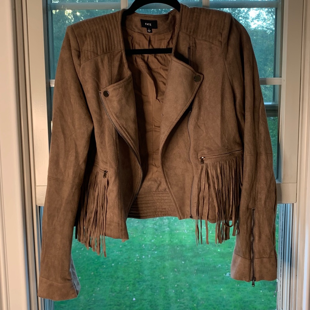 FATE Suede Cropped Moro Fringe Jacket